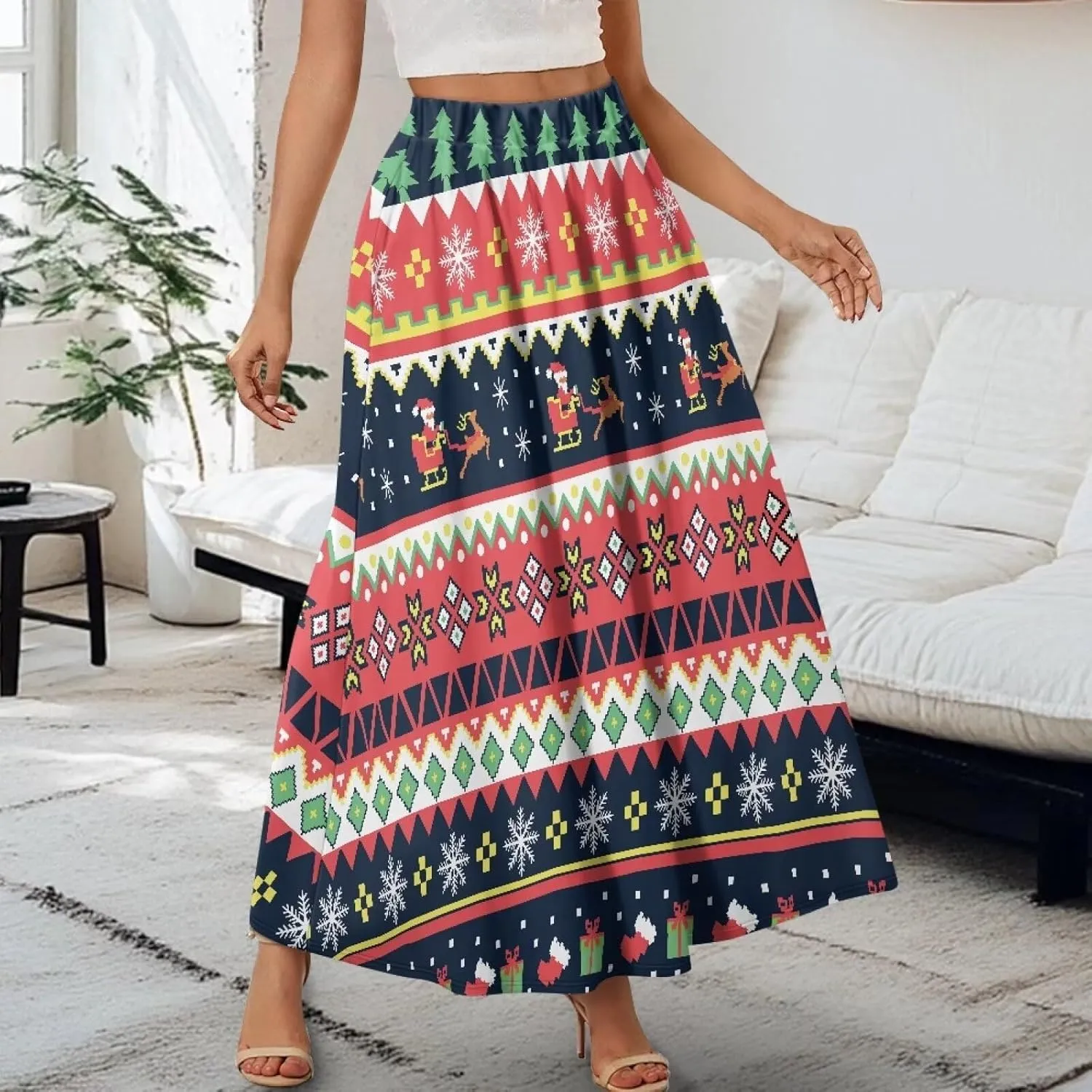 Women's Midi Skirt with Pockets Elastic Waist Flowy Ruffle Casual Summer Boho A-line Skirts Size S-2XL