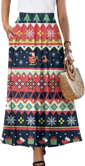 Women's Midi Skirt with Pockets Elastic Waist Flowy Ruffle Casual Summer Boho A-line Skirts Size S-2XL