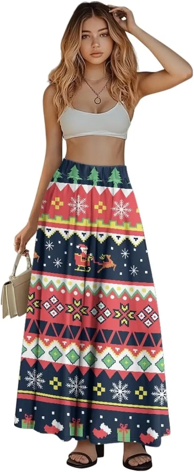 Women's Midi Skirt with Pockets Elastic Waist Flowy Ruffle Casual Summer Boho A-line Skirts Size S-2XL