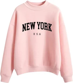 Womens New York Sweatshirt Round Neck Letter Graphic Cute Sweatshirt Oversized Casual Hoodie Teen Girls Fall Y2K Clothes