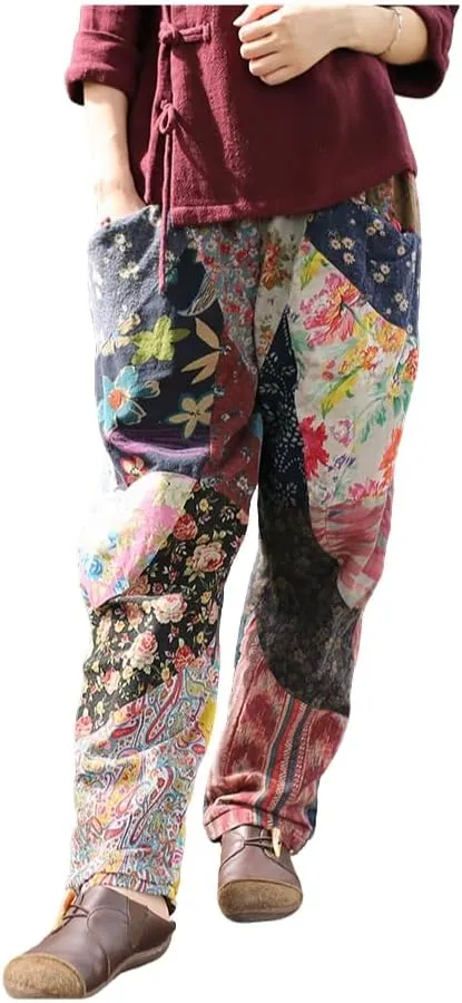 Women's Patchwork Harem Pants Cotton-Linen Blend Boho Trousers Hippie Pants with Pockets Fall Winter