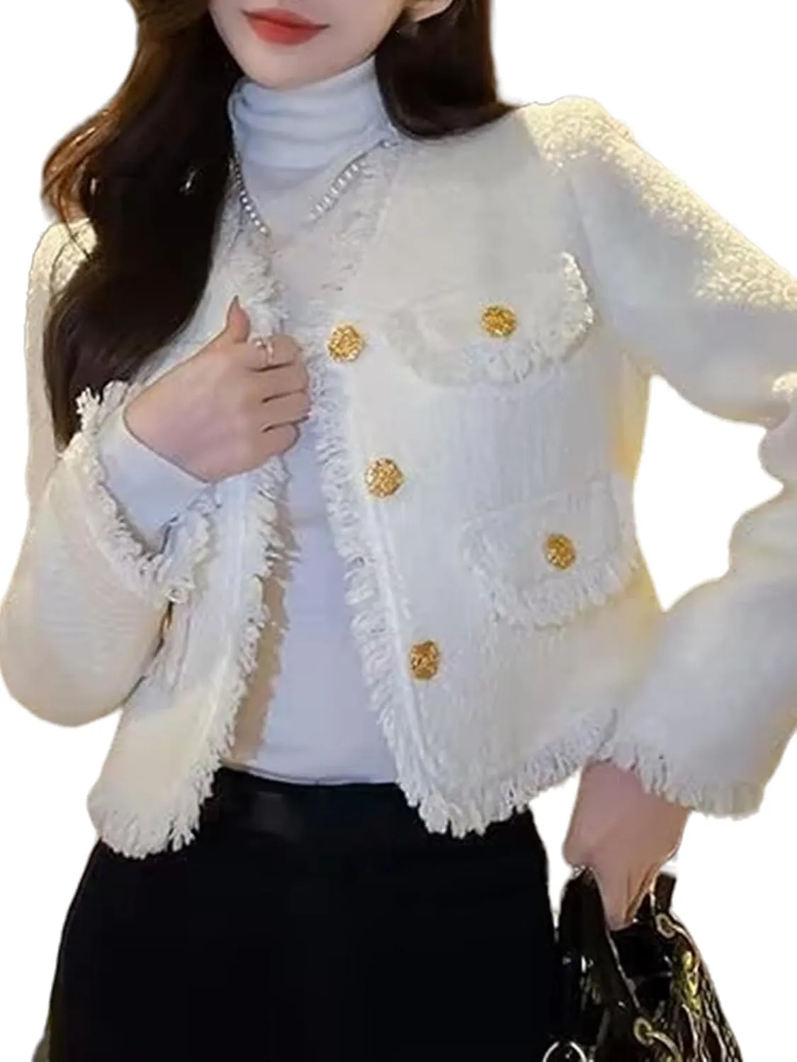 Women's Plaid Tweed Blazer Long Sleeve Open Front Cropped Blazer Elegant Work Office Short Jacket Coat
