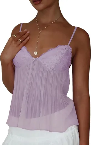 Women's Pleated Camisole Y2k Mini Tank Bowknot Front Sleeveless Spaghetti Strap V-Neck Lace Vest Cropped Tops