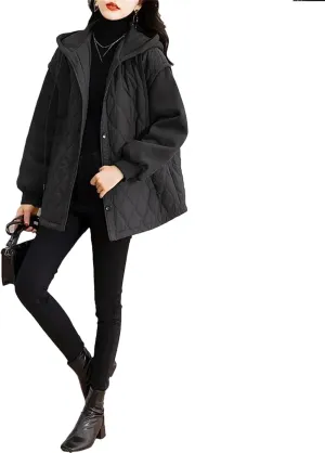 Women's Puffer Jacket Cotton-Padded Jacket Hooded Loose Thick Quilted Cotton-Padded Coat With Pockets