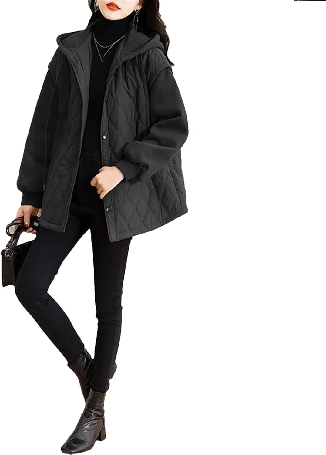 Women's Puffer Jacket Cotton-Padded Jacket Hooded Loose Thick Quilted Cotton-Padded Coat With Pockets