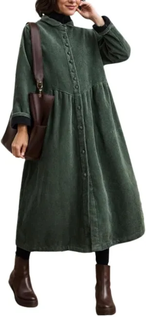 Women's Retro Classic Corduroy Button Down Lapel Neck Maxi Dress Fall Winter Casual Jacket Outerwear with Side Pockets