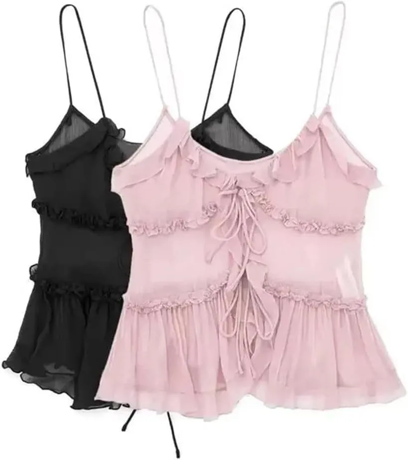 Women's Ruffle Front Tie Semi-Sheer Tank Top with Women's Camisole