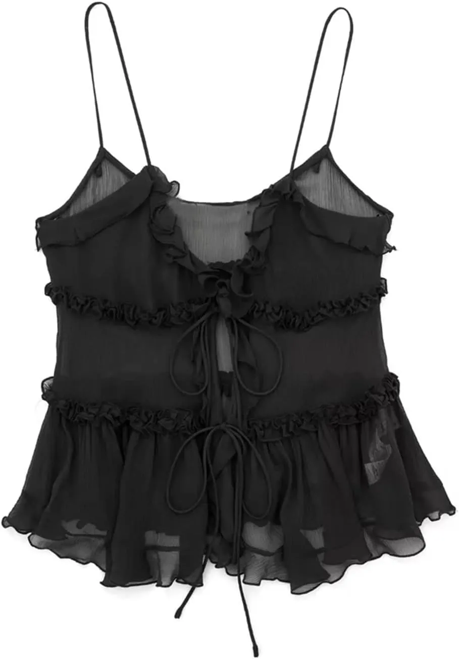 Women's Ruffle Front Tie Semi-Sheer Tank Top with Women's Camisole