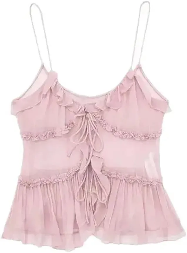 Women's Ruffle Front Tie Semi-Sheer Tank Top with Women's Camisole