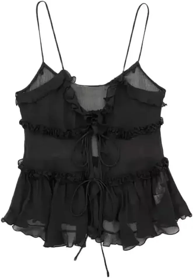 Women's Ruffle Front Tie Semi-Sheer Tank Top with Women's Camisole