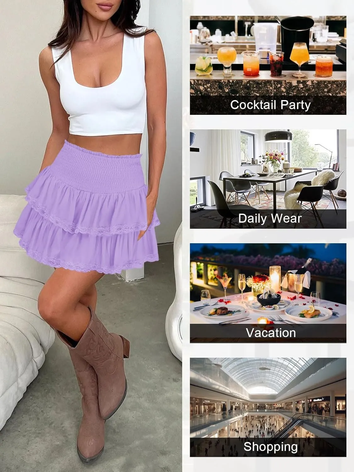 Womens Ruffle Lace Mini Skirt Athletic Golf Tennis Skort Boho Tiered High Waist Flowy Skirts