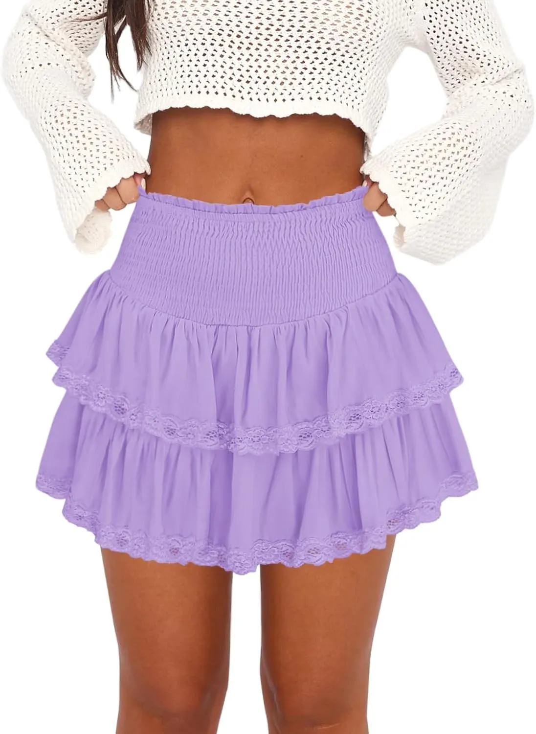Womens Ruffle Lace Mini Skirt Athletic Golf Tennis Skort Boho Tiered High Waist Flowy Skirts