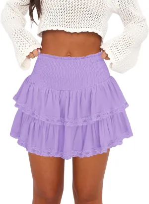 Womens Ruffle Lace Mini Skirt Athletic Golf Tennis Skort Boho Tiered High Waist Flowy Skirts