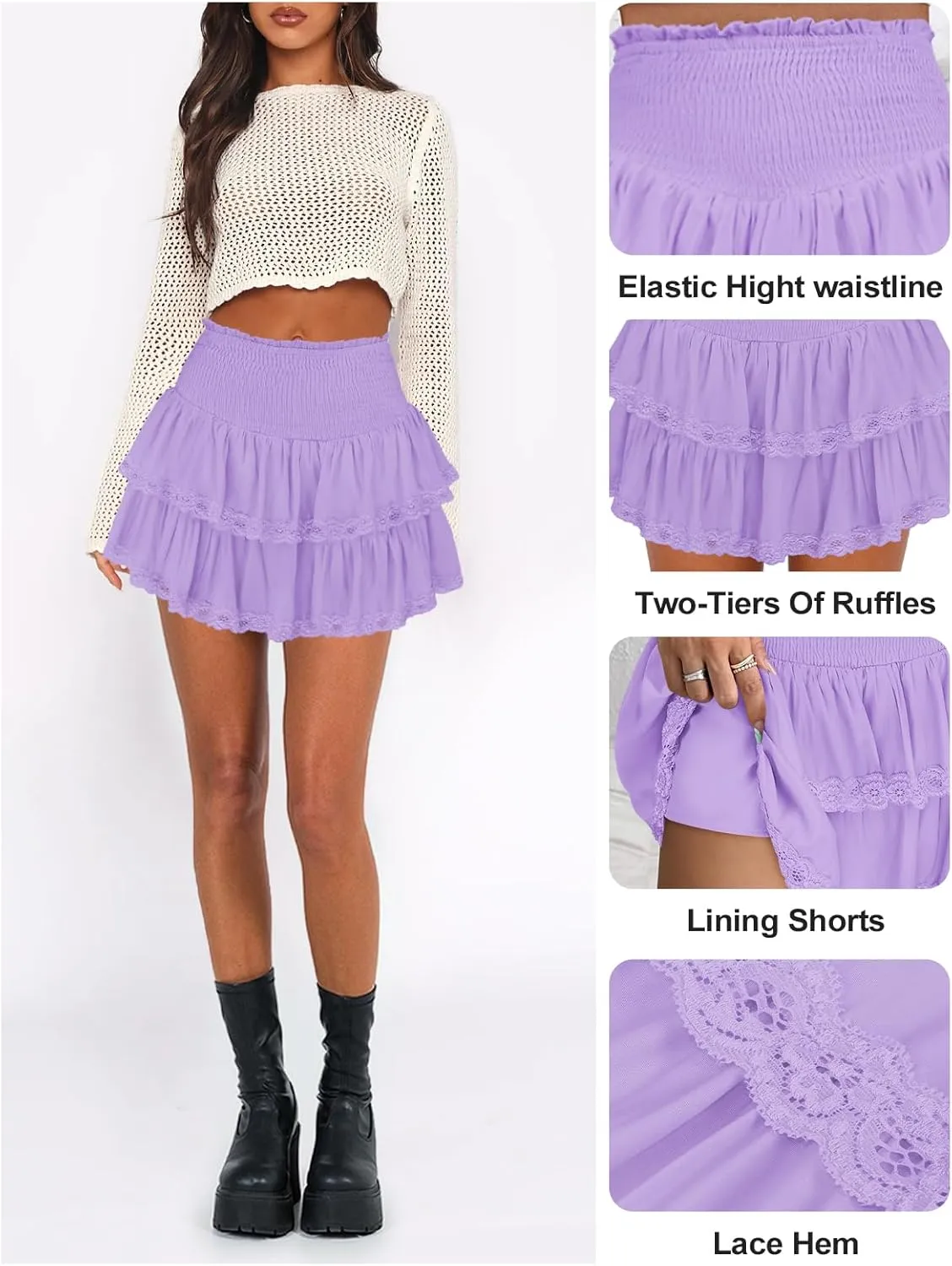 Womens Ruffle Lace Mini Skirt Athletic Golf Tennis Skort Boho Tiered High Waist Flowy Skirts