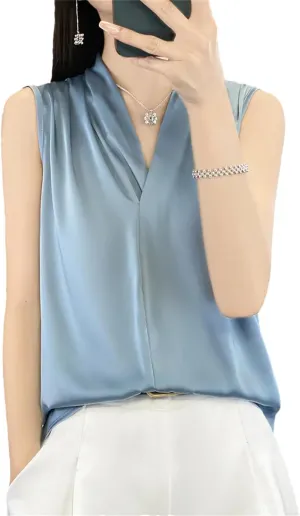 Women's Satin V-Neck Camisole Summer Loose Solid Color Sleeveless Pullover Vest Top
