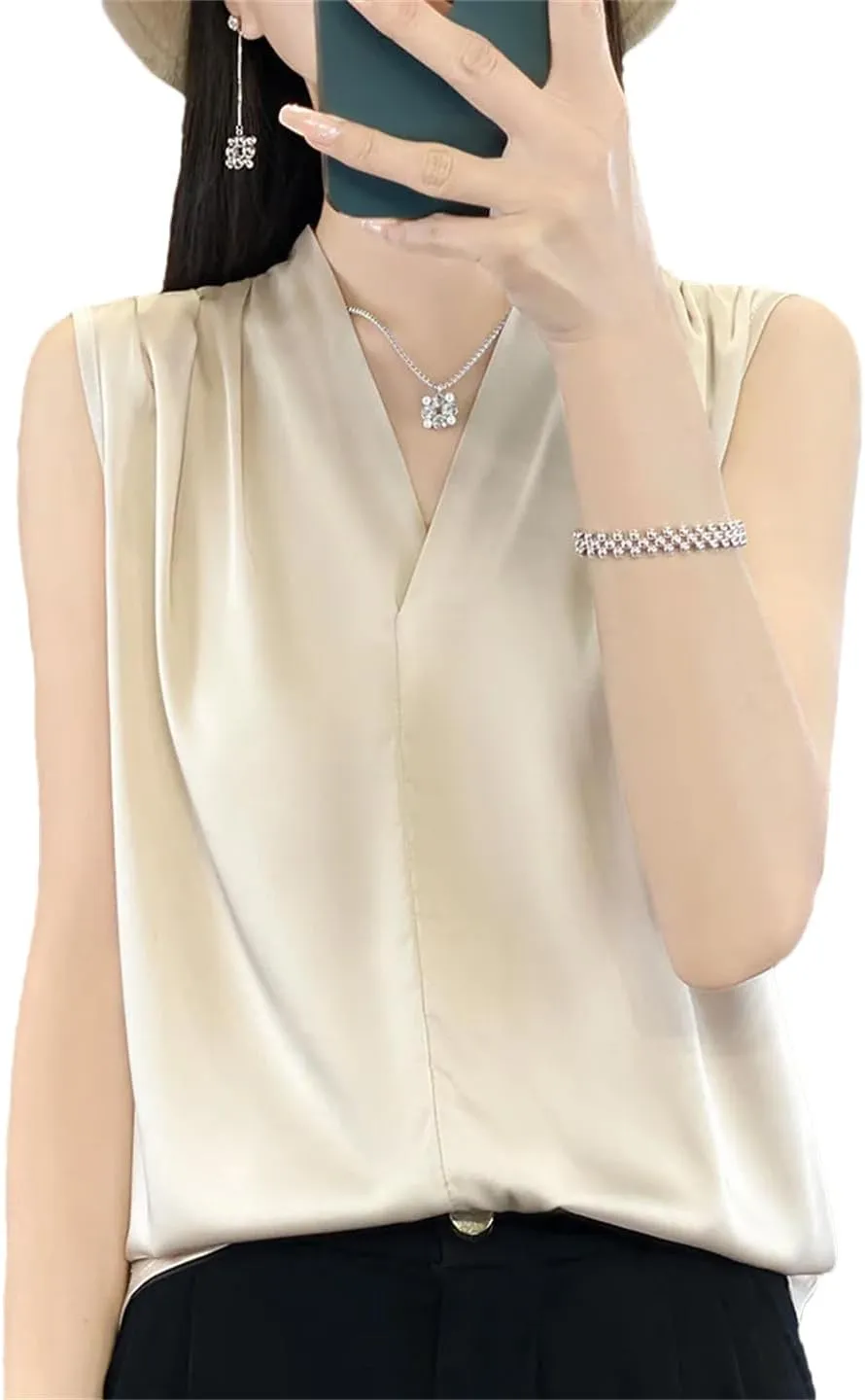 Women's Satin V-Neck Camisole Summer Loose Solid Color Sleeveless Pullover Vest Top