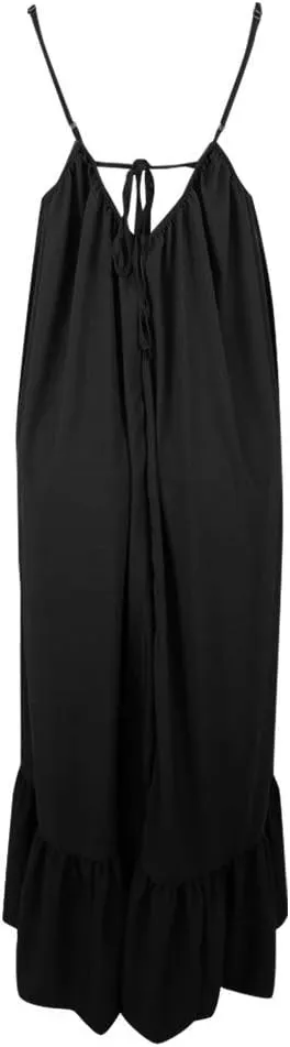 Womens Sexy Spaghetti Strap Sleeveless Ruched Ruffle Hem Bandage Oversized Summer Beach Loose Long Maxi Swing Dress