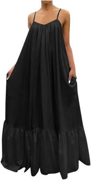 Womens Sexy Spaghetti Strap Sleeveless Ruched Ruffle Hem Bandage Oversized Summer Beach Loose Long Maxi Swing Dress