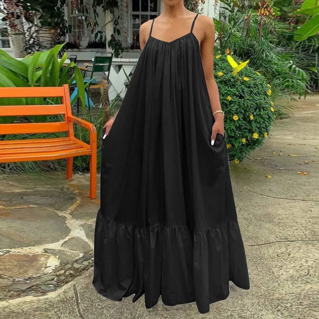 Womens Sexy Spaghetti Strap Sleeveless Ruched Ruffle Hem Bandage Oversized Summer Beach Loose Long Maxi Swing Dress