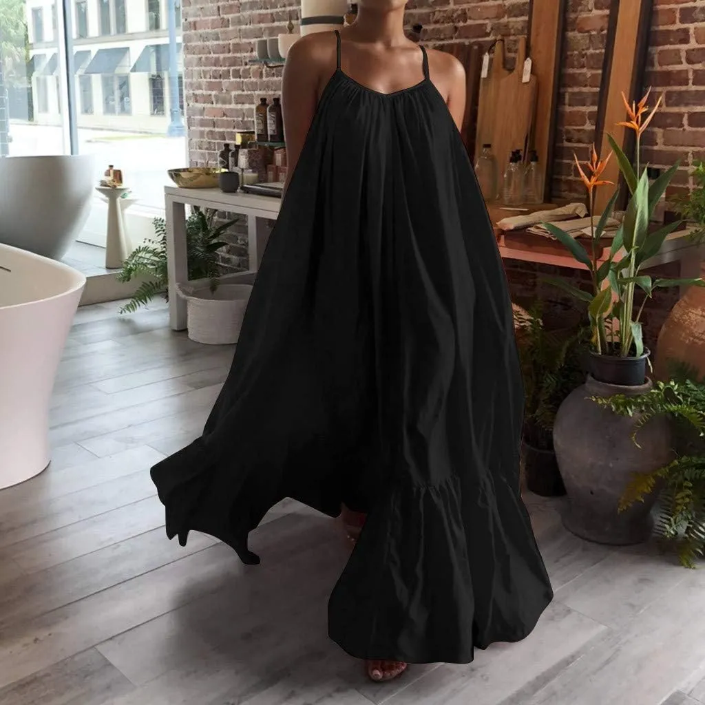 Womens Sexy Spaghetti Strap Sleeveless Ruched Ruffle Hem Bandage Oversized Summer Beach Loose Long Maxi Swing Dress