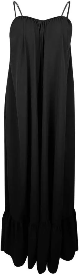 Womens Sexy Spaghetti Strap Sleeveless Ruched Ruffle Hem Bandage Oversized Summer Beach Loose Long Maxi Swing Dress