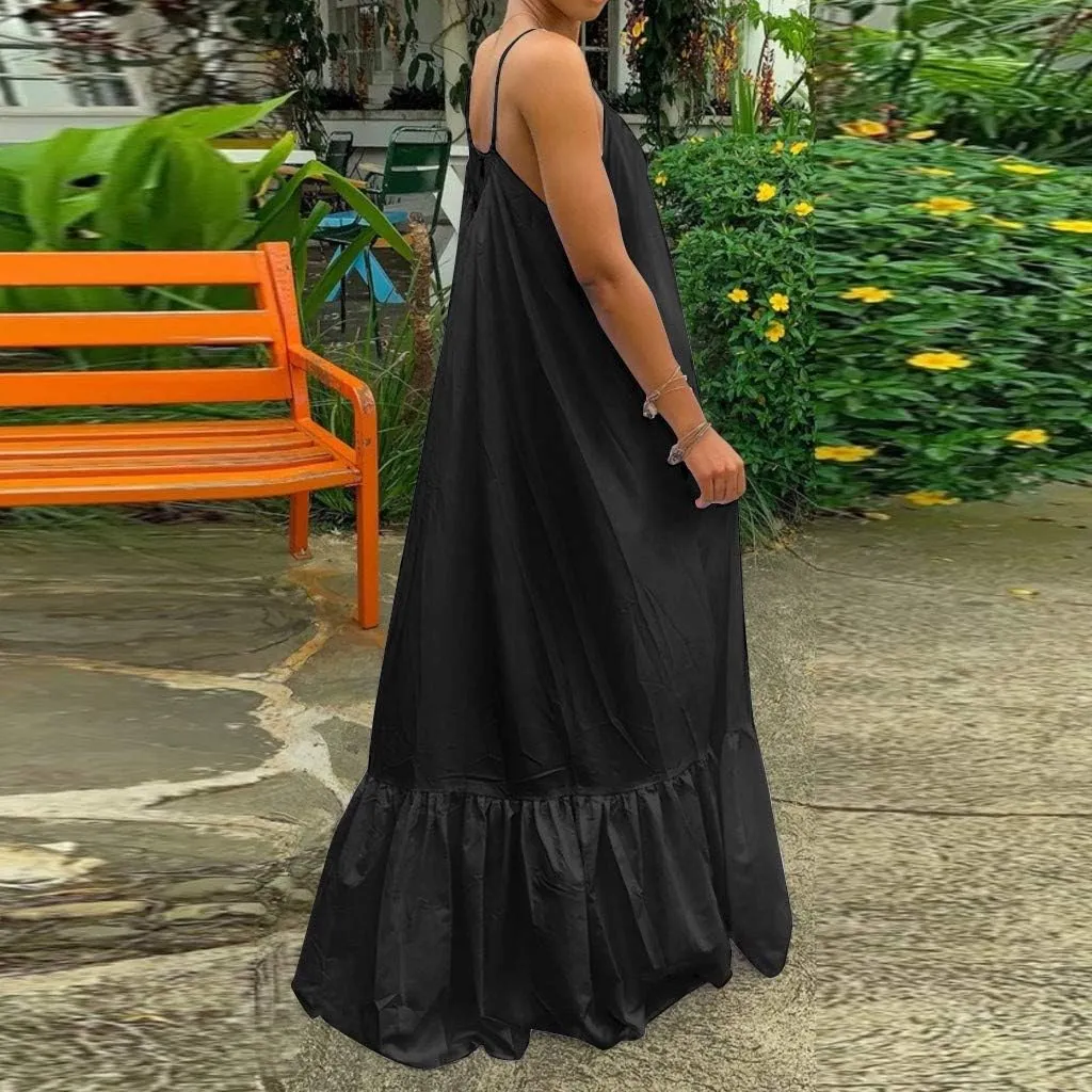 Womens Sexy Spaghetti Strap Sleeveless Ruched Ruffle Hem Bandage Oversized Summer Beach Loose Long Maxi Swing Dress