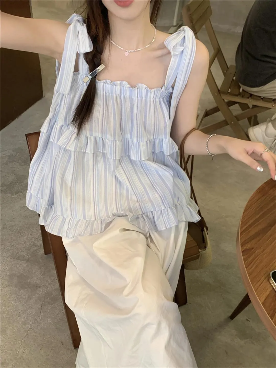 Women's -Sholuder Sleeveless Straps Lace-Up Loose Striped Camisole Summer Seaside Tops