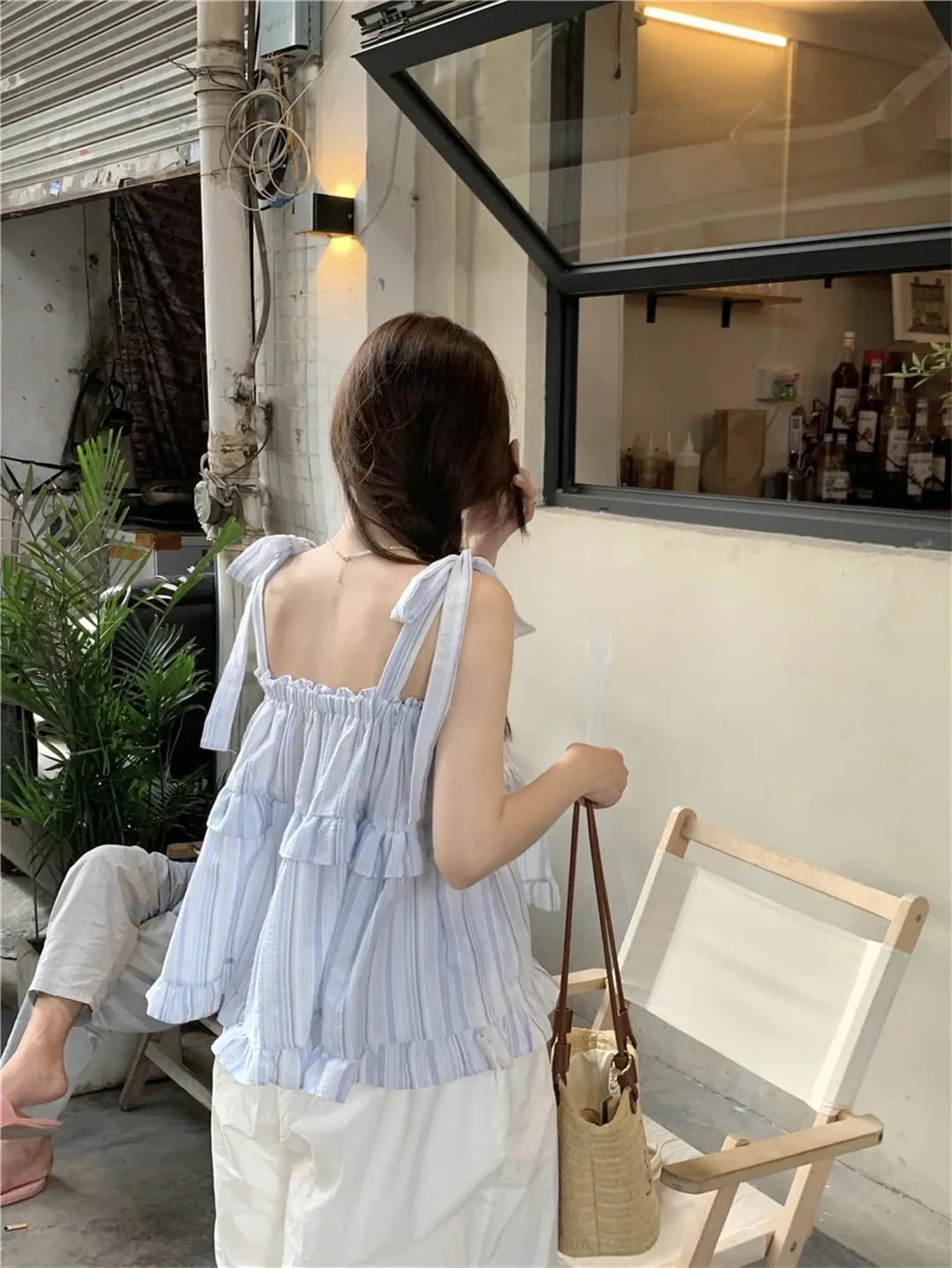 Women's -Sholuder Sleeveless Straps Lace-Up Loose Striped Camisole Summer Seaside Tops
