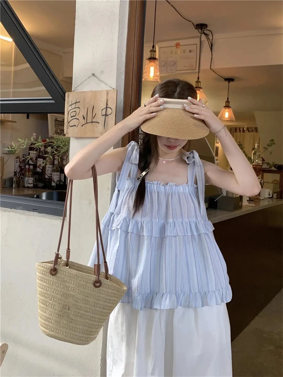 Women's -Sholuder Sleeveless Straps Lace-Up Loose Striped Camisole Summer Seaside Tops