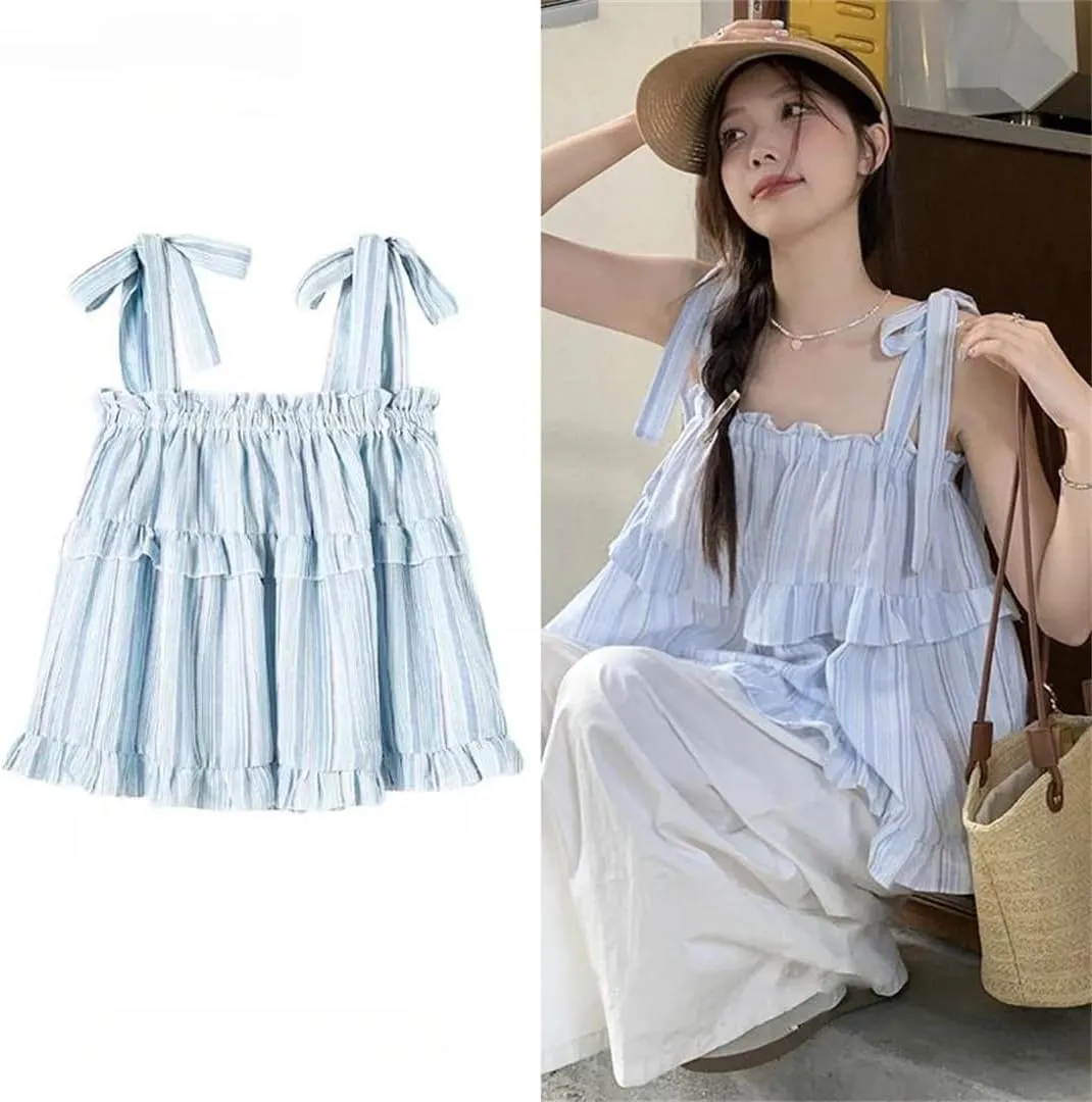 Women's -Sholuder Sleeveless Straps Lace-Up Loose Striped Camisole Summer Seaside Tops