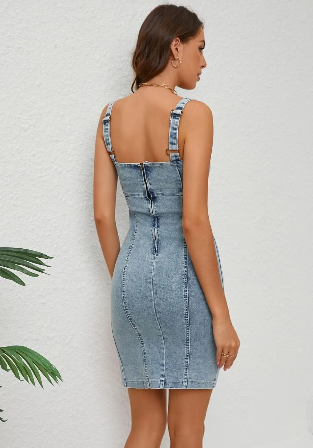 Women's Sleeveless Strap U Neck Denim Midi Dress Sexy Backless Side Slit Jean Bodycon Dress