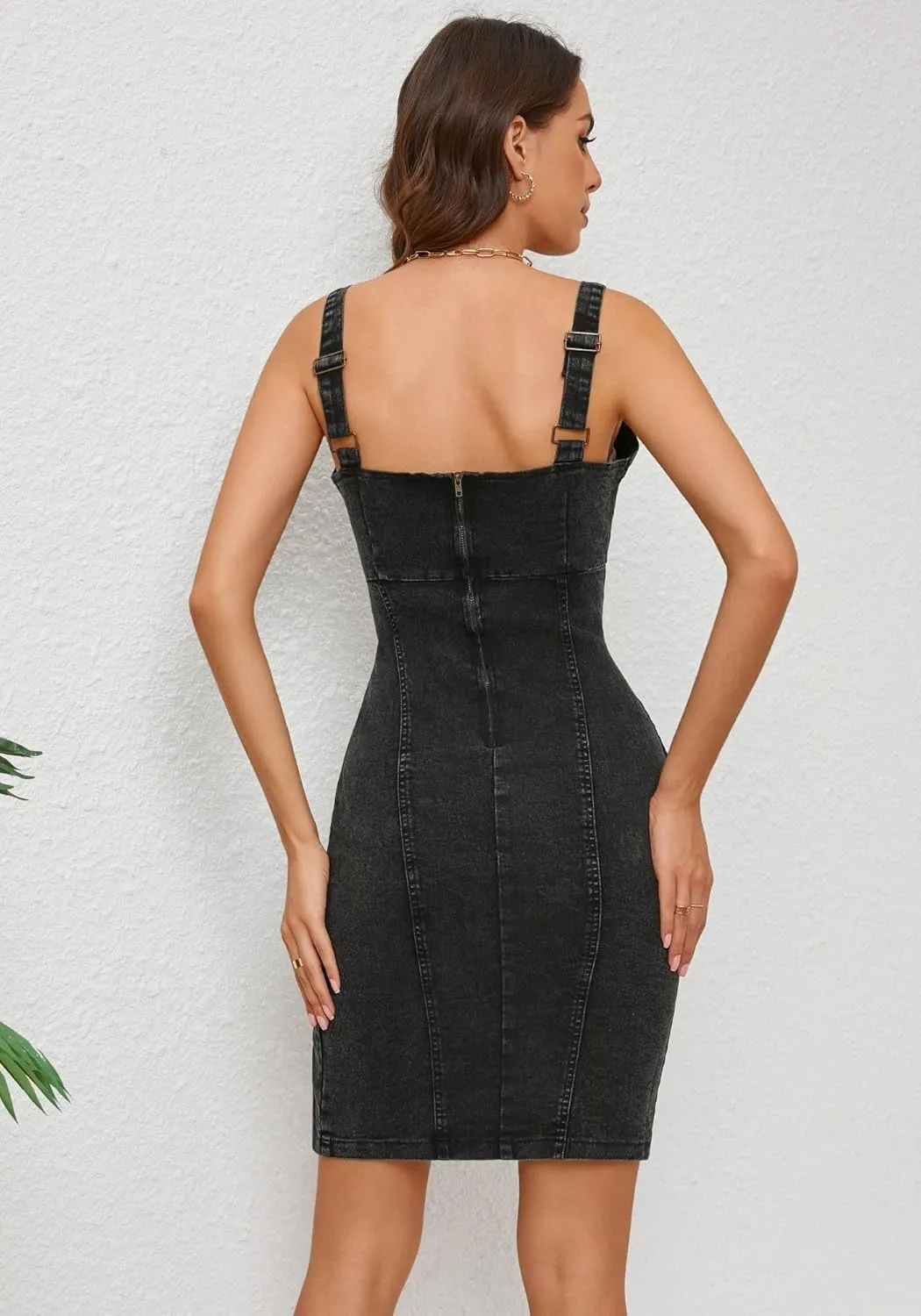Women's Sleeveless Strap U Neck Denim Midi Dress Sexy Backless Side Slit Jean Bodycon Dress