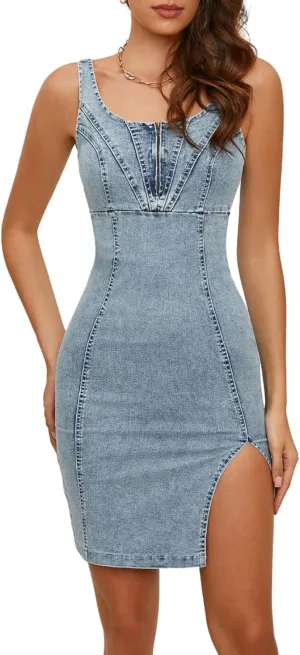 Women's Sleeveless Strap U Neck Denim Midi Dress Sexy Backless Side Slit Jean Bodycon Dress