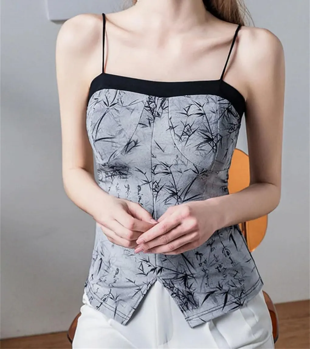 Women's Solid Color Casual Chinese Style Printed Slit Slim Fit Camisole