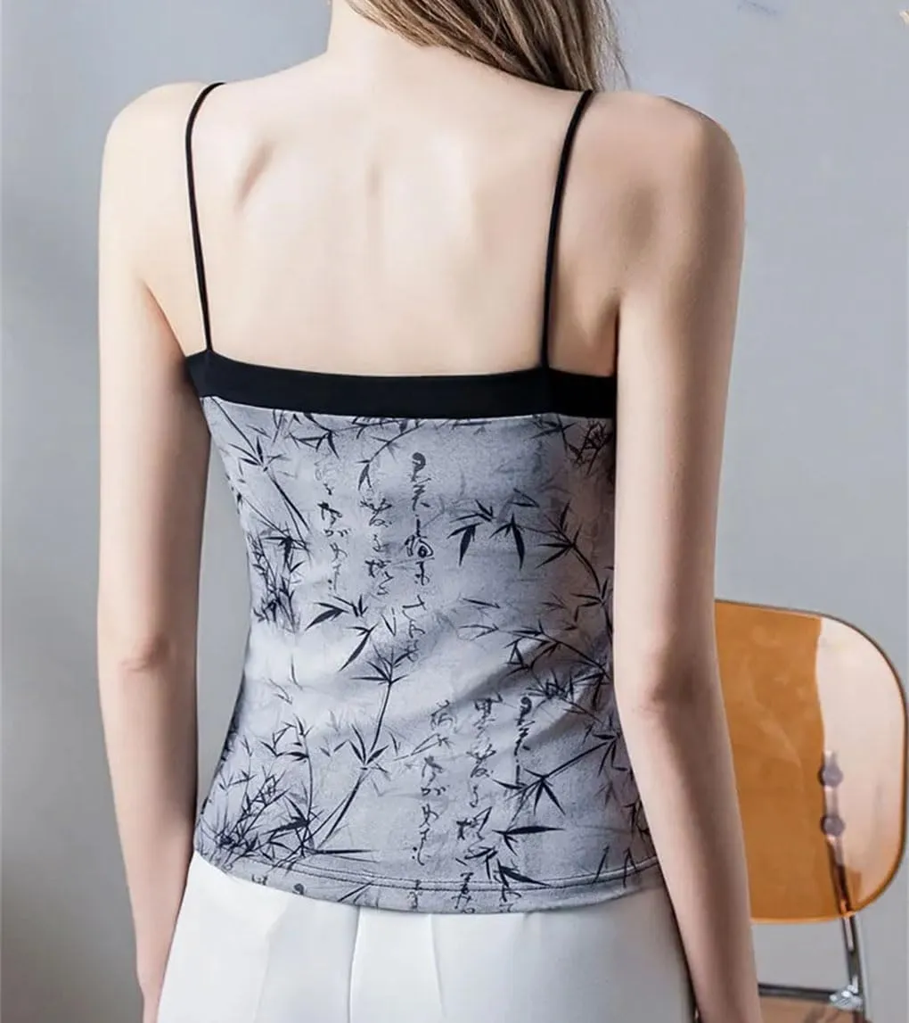 Women's Solid Color Casual Chinese Style Printed Slit Slim Fit Camisole