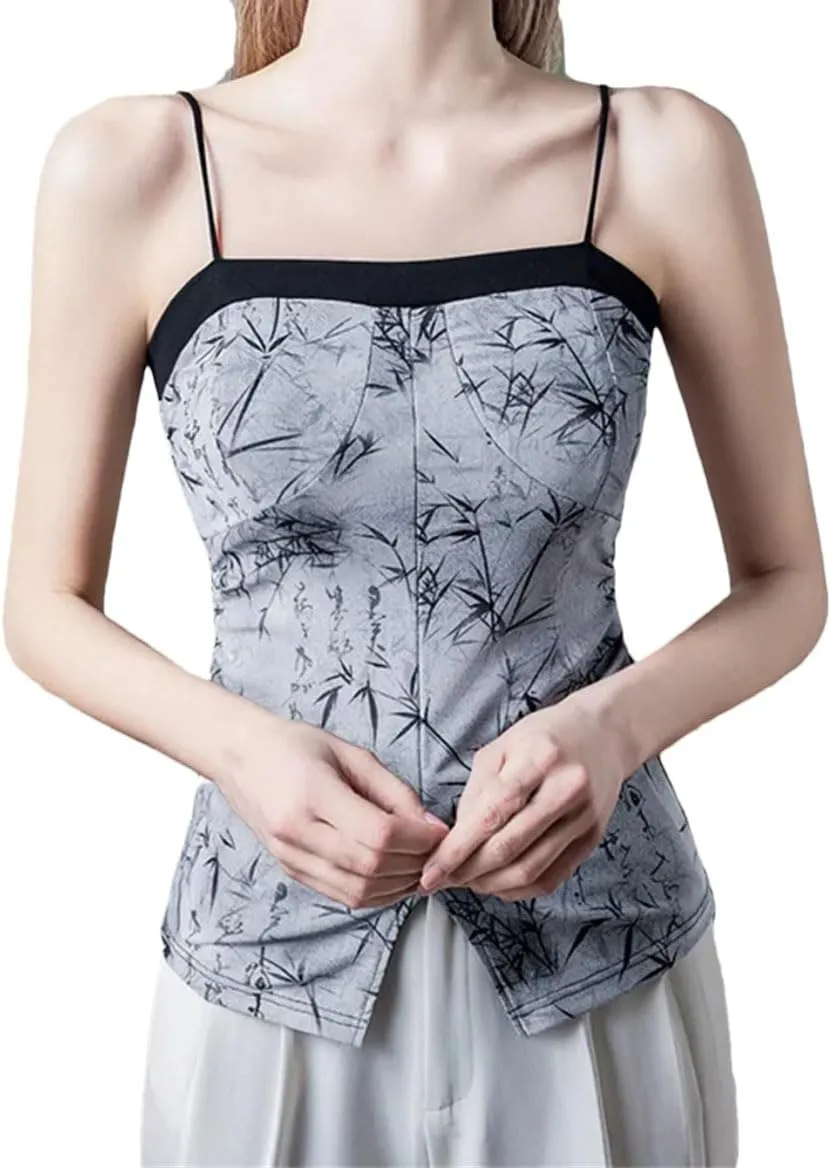 Women's Solid Color Casual Chinese Style Printed Slit Slim Fit Camisole