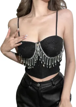 Women's Solid Color Casual Shiny Rhinestone Tassel Stitching Mini Party Camisole