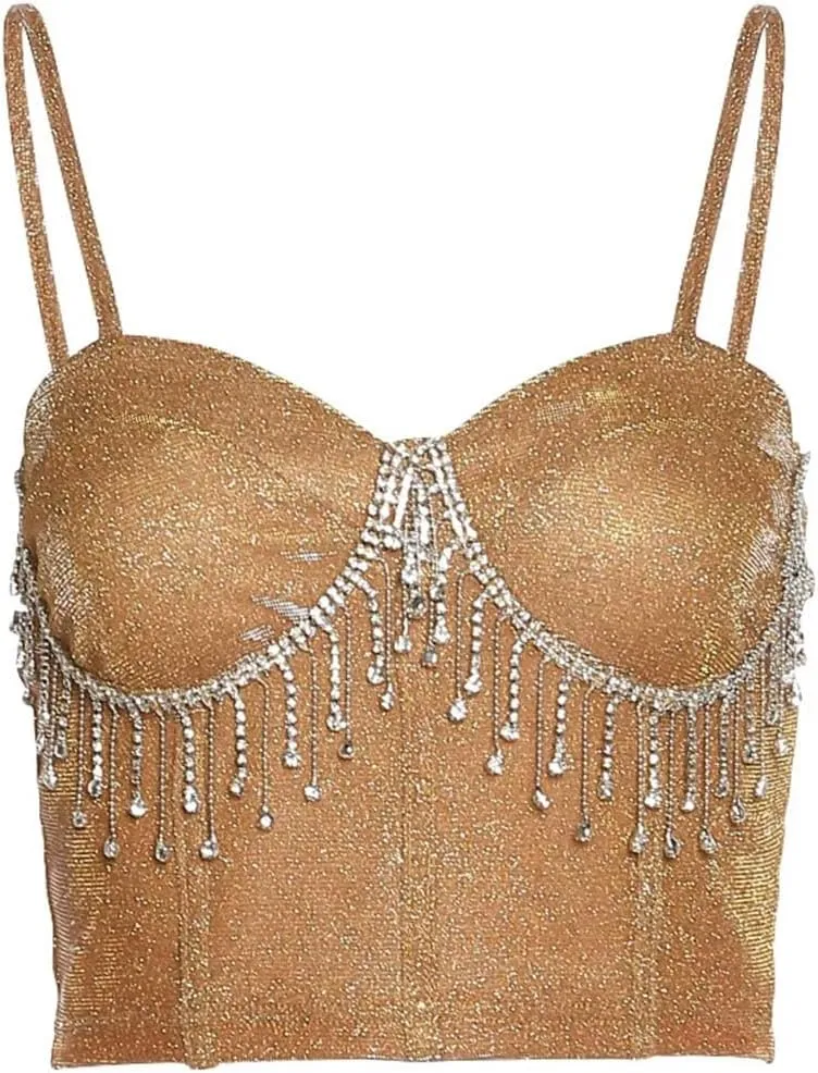 Women's Solid Color Casual Shiny Rhinestone Tassel Stitching Mini Party Camisole