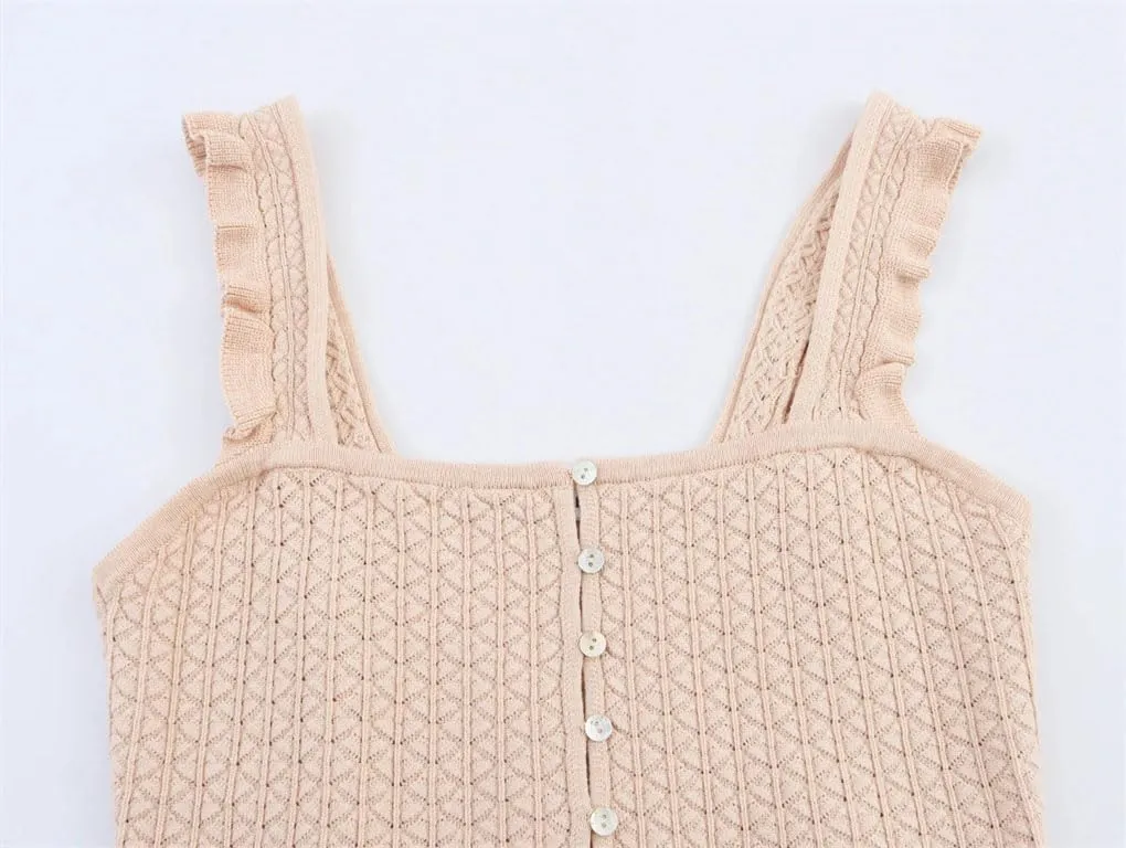 Women's Solid Color Casual Square Neck Ruffle Stitching Ribbed Knitted Camisole
