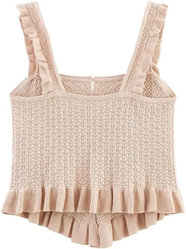 Women's Solid Color Casual Square Neck Ruffle Stitching Ribbed Knitted Camisole