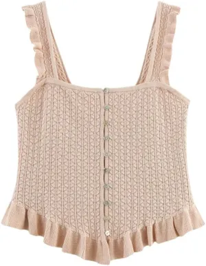Women's Solid Color Casual Square Neck Ruffle Stitching Ribbed Knitted Camisole