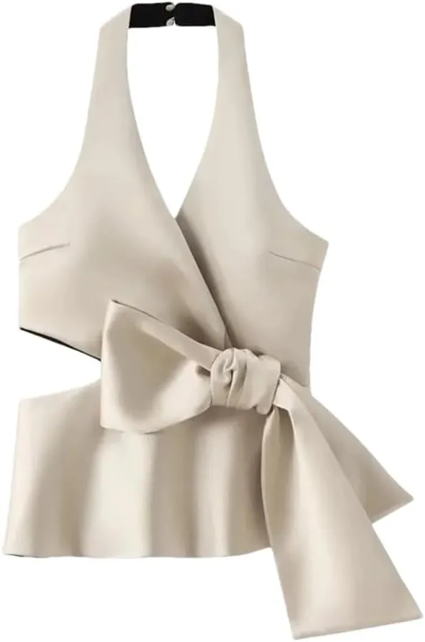 Women's Solid Color Casual V-Neck Bowknot Stitching Hollow Commuting Camisole