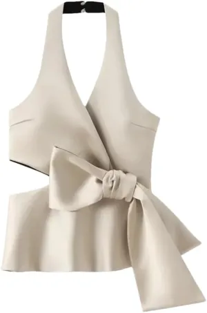 Women's Solid Color Casual V-Neck Bowknot Stitching Hollow Commuting Camisole