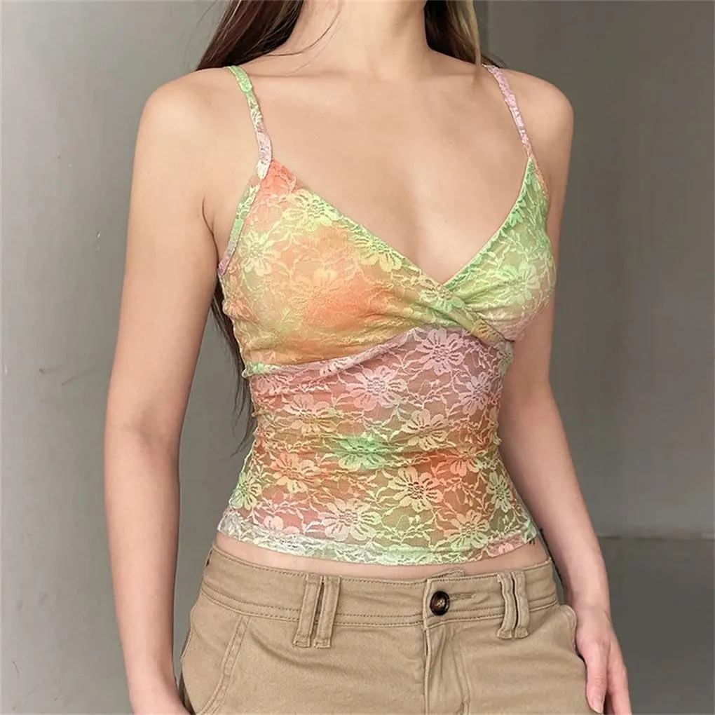 Women's Solid Color Casual V-Neck Colorful Lace Stitching Hollow Camisole Top