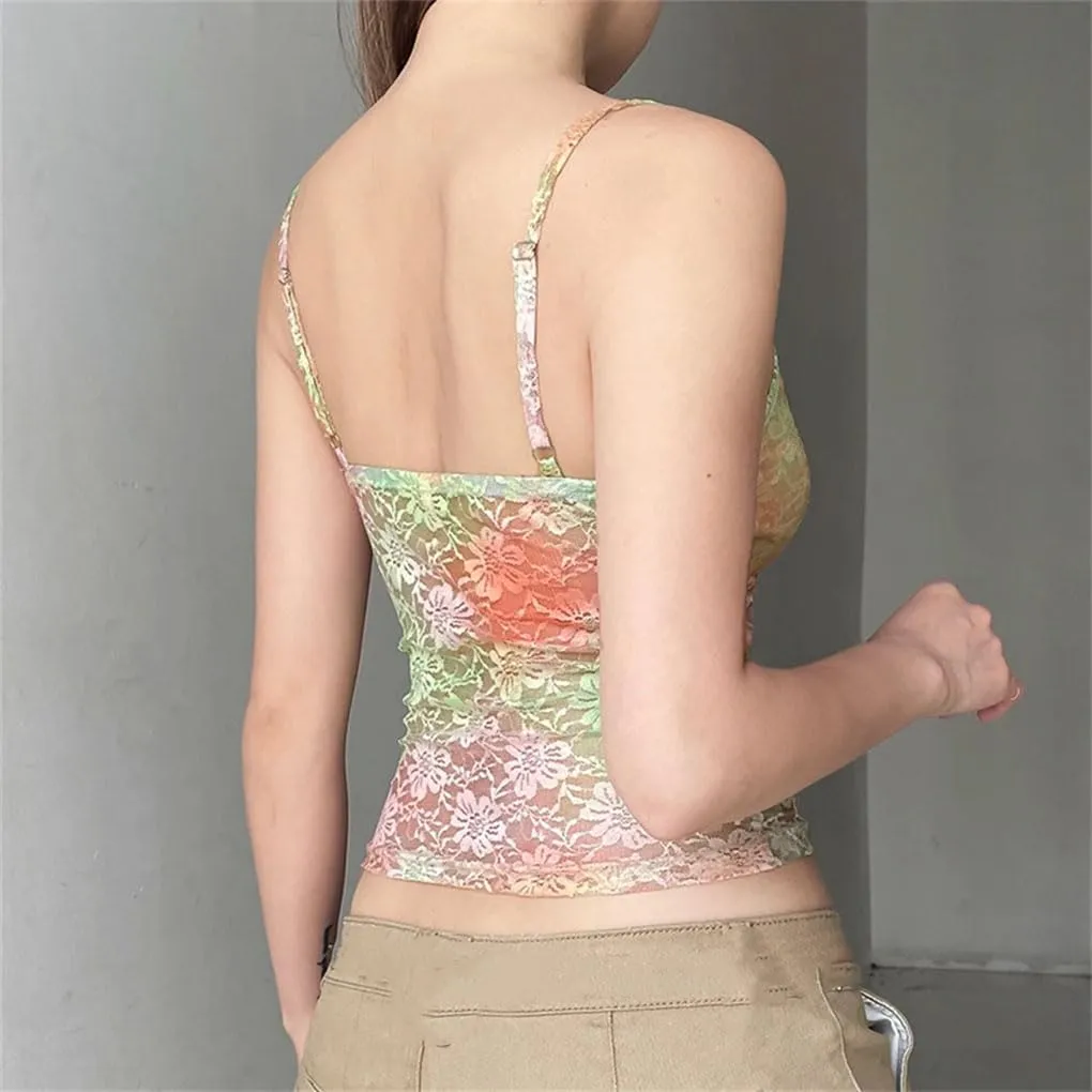 Women's Solid Color Casual V-Neck Colorful Lace Stitching Hollow Camisole Top