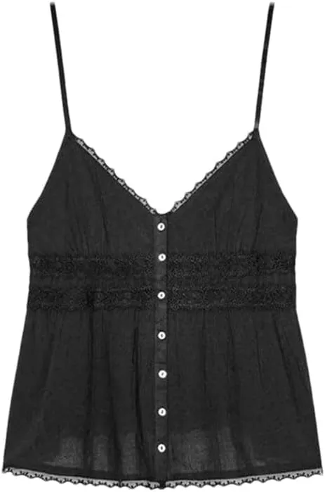 Women's Solid Color Casual V-Neck Lace Stitching Hollow Camisole Top