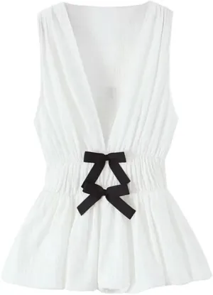 Women's Solid Color Casual V-Neck Slim Bow Stitching Sleeveless Camisole