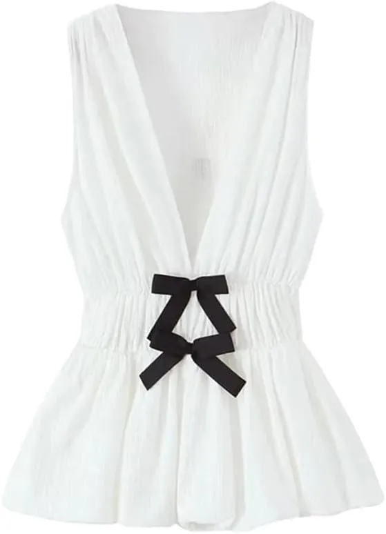 Women's Solid Color Casual V-Neck Slim Bow Stitching Sleeveless Camisole