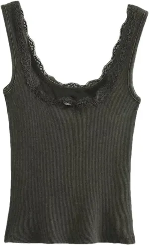 Women's Solid Color Casual Vintage Square Neck Lace Splicing Ribbed Knitted Camisole