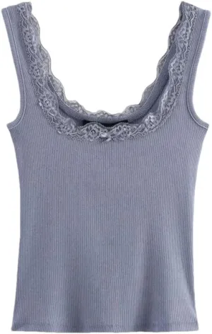 Women's Solid Color Casual Vintage Square Neck Lace Splicing Ribbed Knitted Camisole